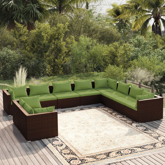 0-Delige Loungeset Met Kussens Poly Rattan Bruin En Groen 5x hoek + 5x midden