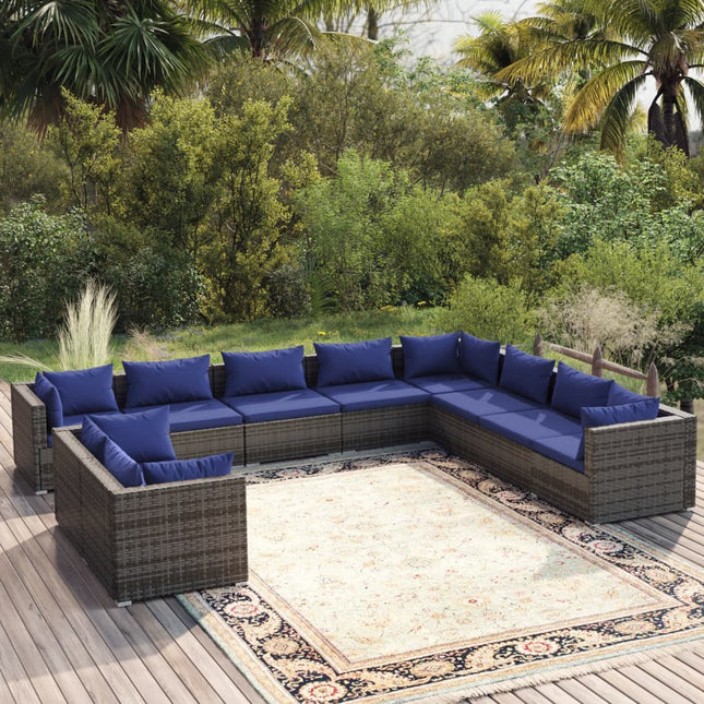 0-Delige Loungeset Met Kussens Poly Rattan Grijs En Donkerblauw 5x hoek + 5x midden