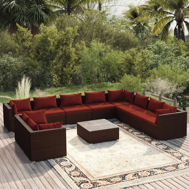 11-delige Loungeset met kussens poly rattan bruin Bruin en kaneelrood