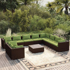 -Delige Loungeset Met Kussens Poly Rattan Bruin En Groen 5x hoek + 5x midden + Tafel