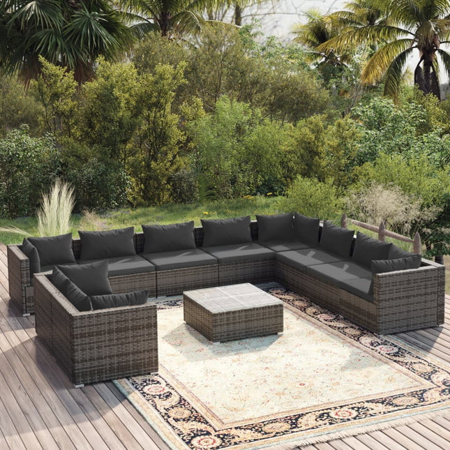 -Delige Loungeset Met Kussens Poly Rattan Grijs En Antraciet 5x hoek + 5x midden + Tafel