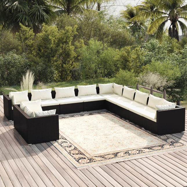 11-delige Loungeset met kussens poly rattan zwart 5x hoek + 6x midden