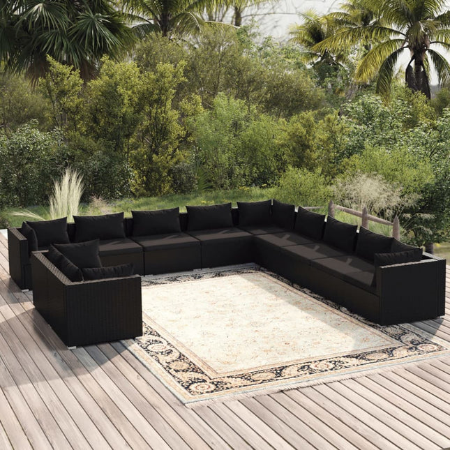 11-delige Loungeset met kussens poly rattan zwart Zwart