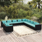 -Delige Loungeset Met Kussens Poly Rattan Zwart En Waterblauw 5x hoek + 6x midden