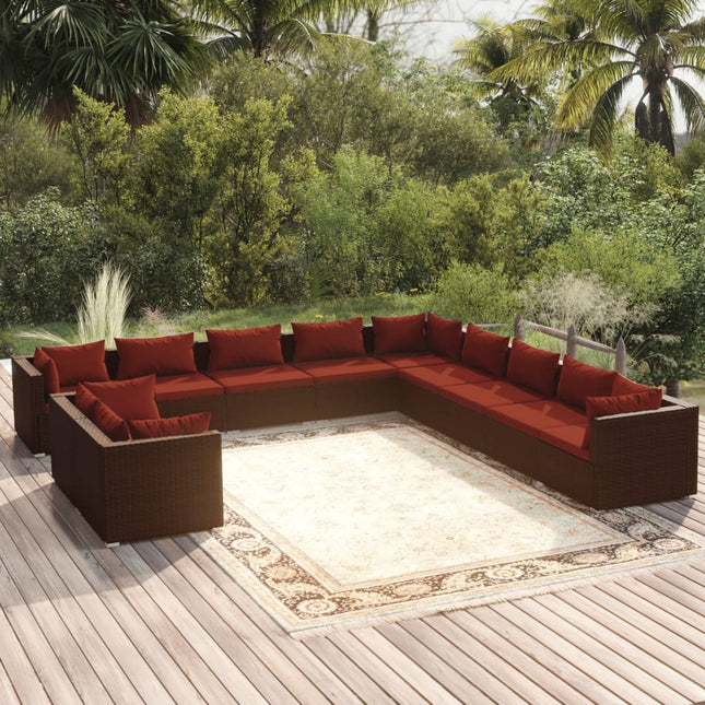 11-delige Loungeset met kussens poly rattan bruin 5x hoek + 6x midden