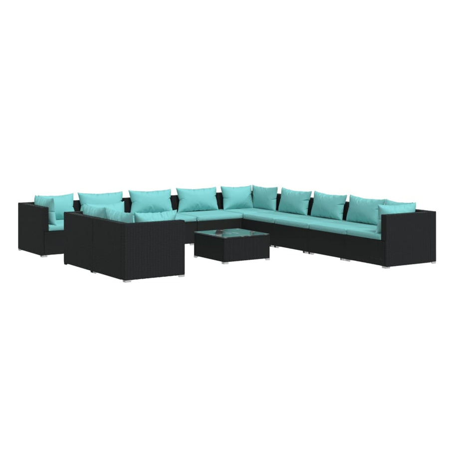 12-delige Loungeset met kussens poly rattan zwart