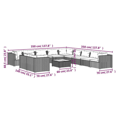 12-delige Loungeset met kussens poly rattan zwart