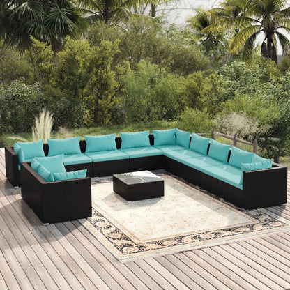 12-delige Loungeset met kussens poly rattan zwart