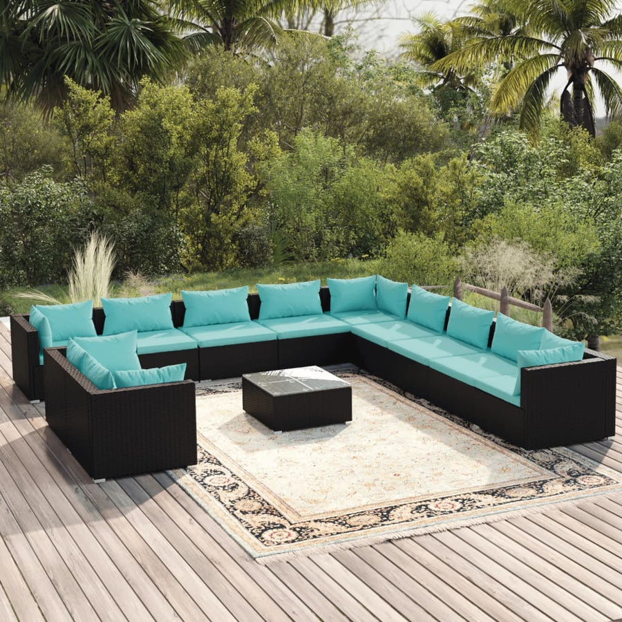 12-delige Loungeset met kussens poly rattan zwart