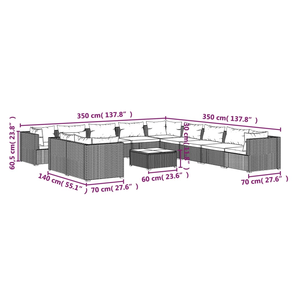 12-delige Loungeset met kussens poly rattan grijs