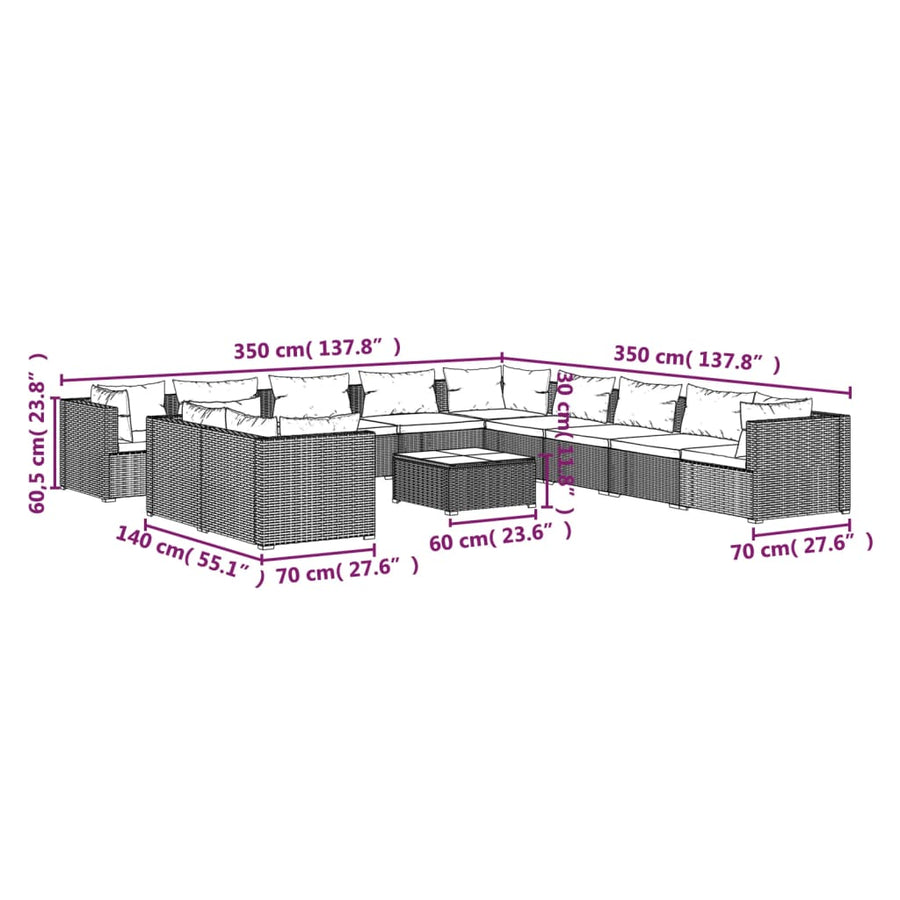 12-delige Loungeset met kussens poly rattan grijs