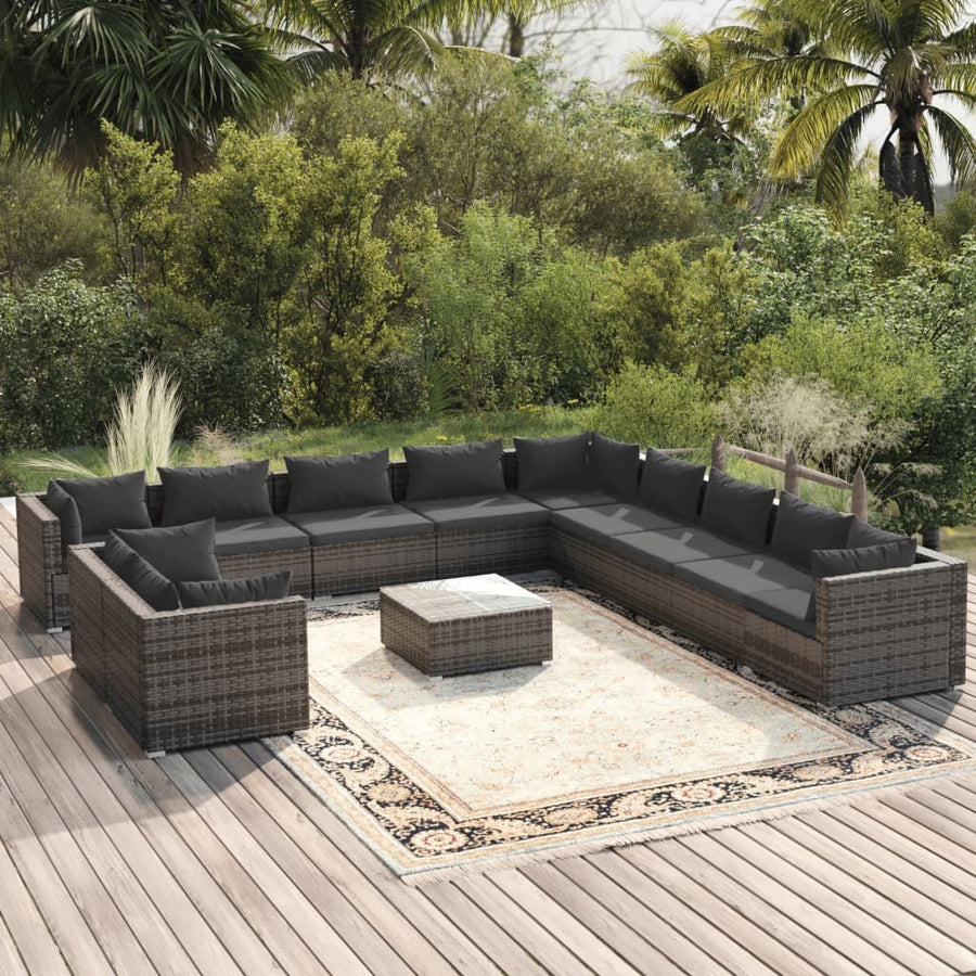 12-delige Loungeset met kussens poly rattan grijs