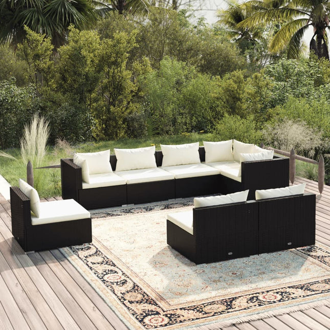 8-delige Loungeset met kussens poly rattan zwart 1 Zwart en crème