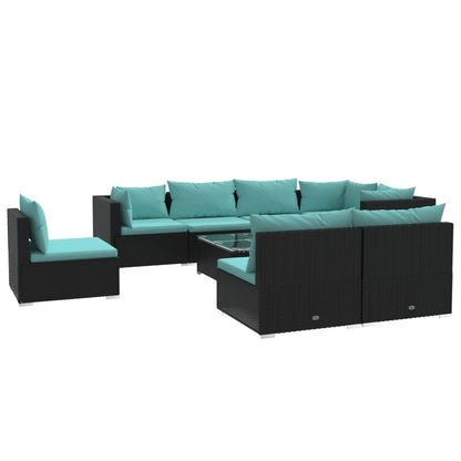 9-Delige Loungeset Met Kussens Poly Rattan Zwart En Blauw 3x hoek + 5x midden + Tafel