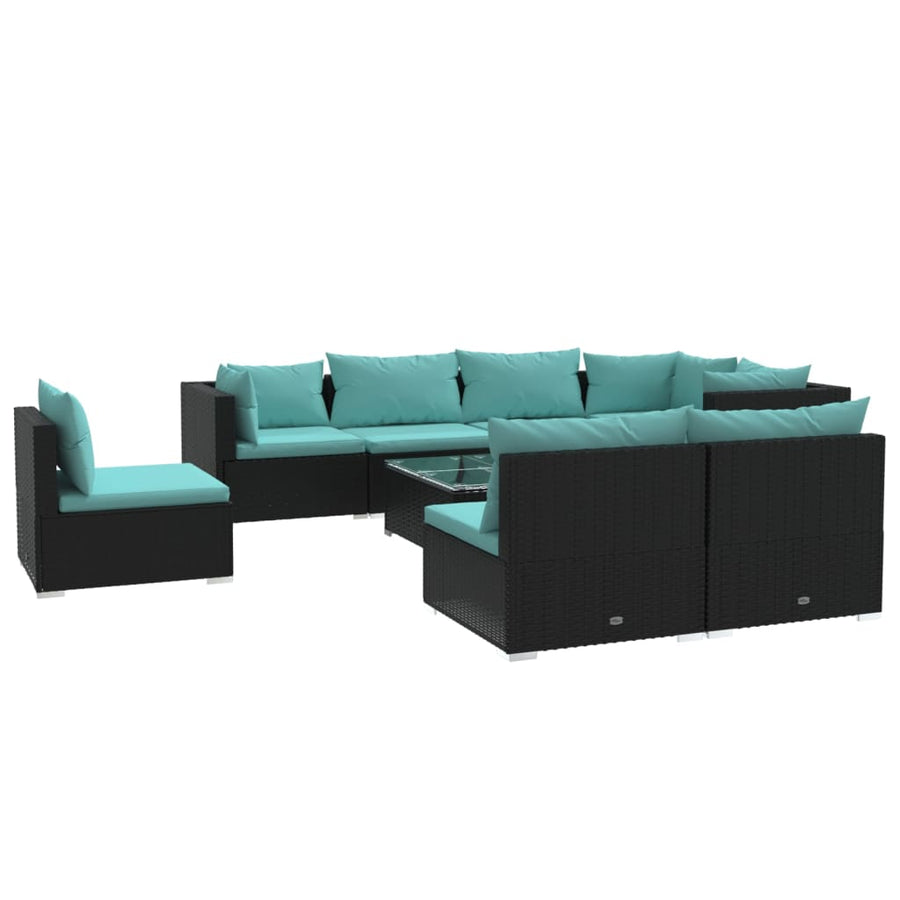 9-Delige Loungeset Met Kussens Poly Rattan Zwart En Blauw 3x hoek + 5x midden + Tafel