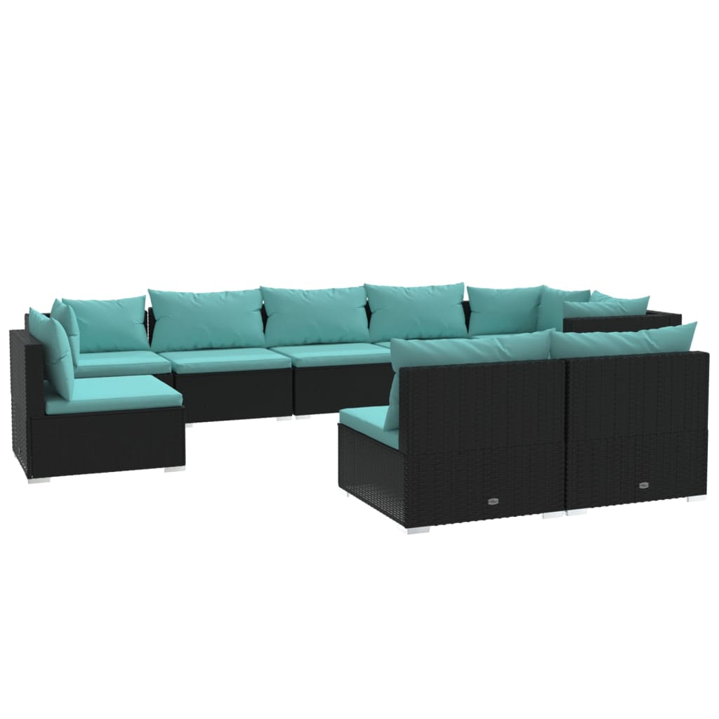 9-delige Loungeset met kussens poly rattan zwart