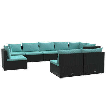 9-delige Loungeset met kussens poly rattan zwart
