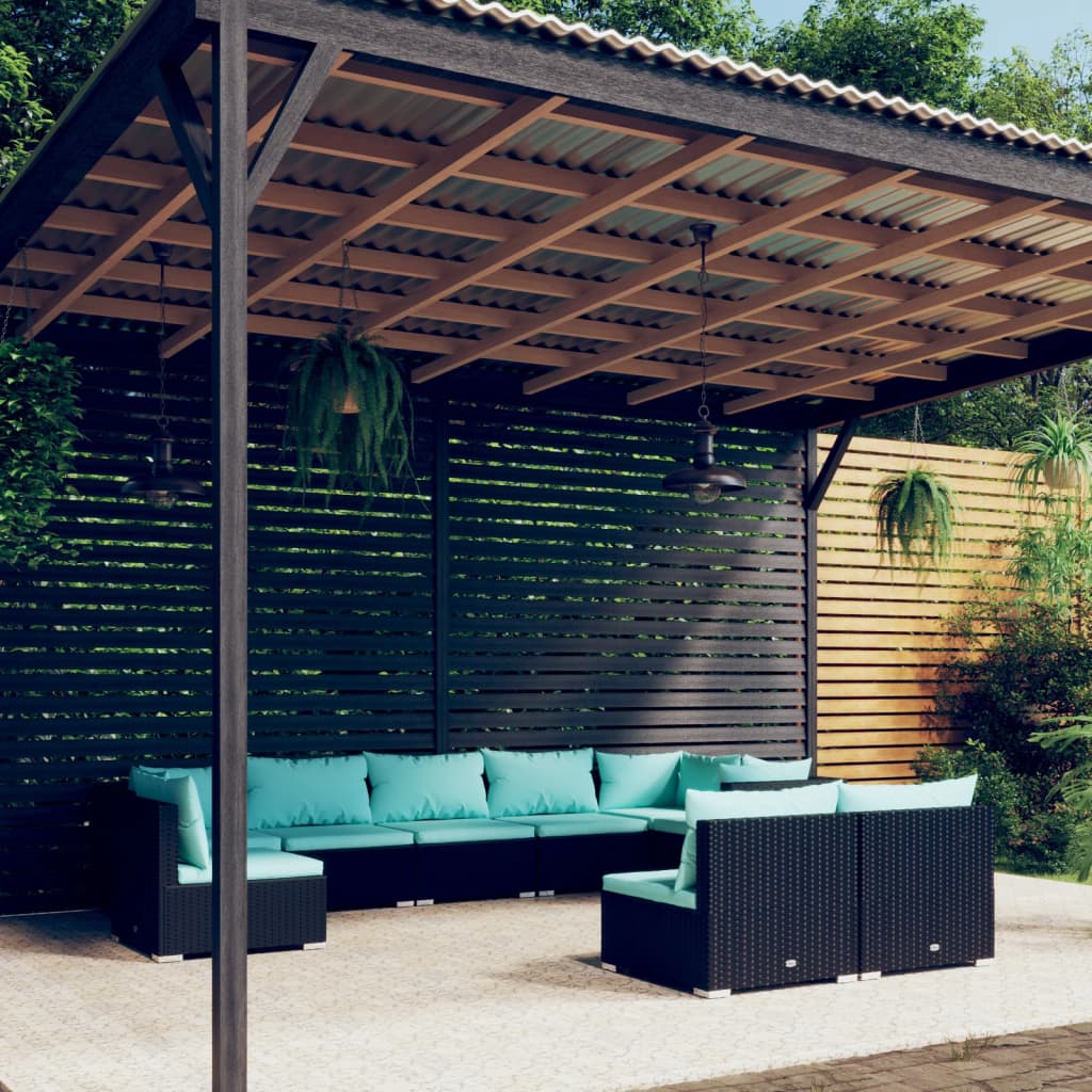 9-delige Loungeset met kussens poly rattan zwart