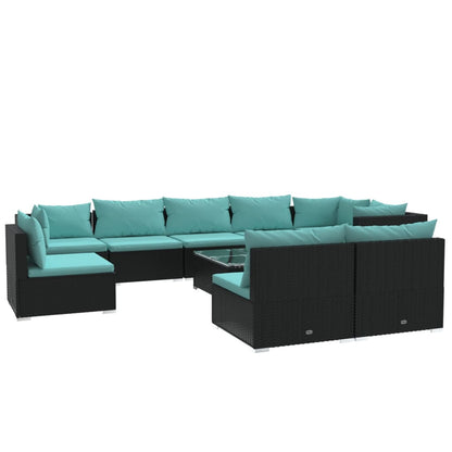 10-delige Loungeset met kussens poly rattan zwart