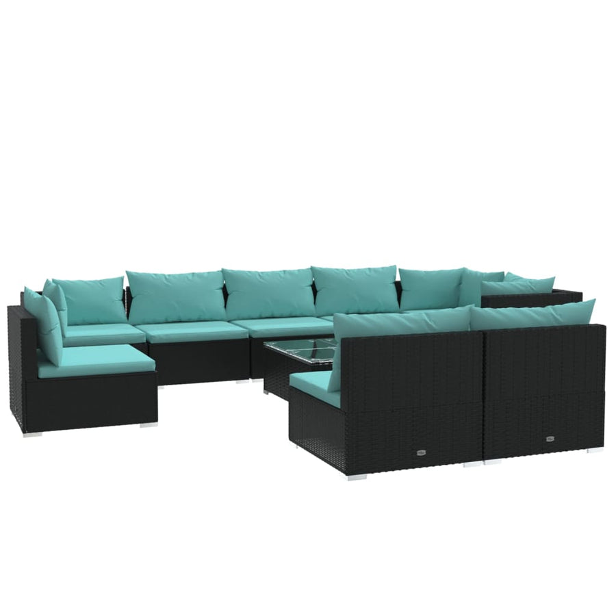 10-delige Loungeset met kussens poly rattan zwart