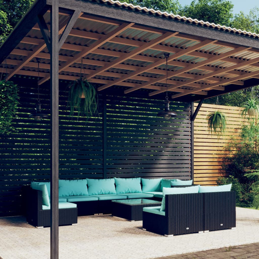 10-delige Loungeset met kussens poly rattan zwart