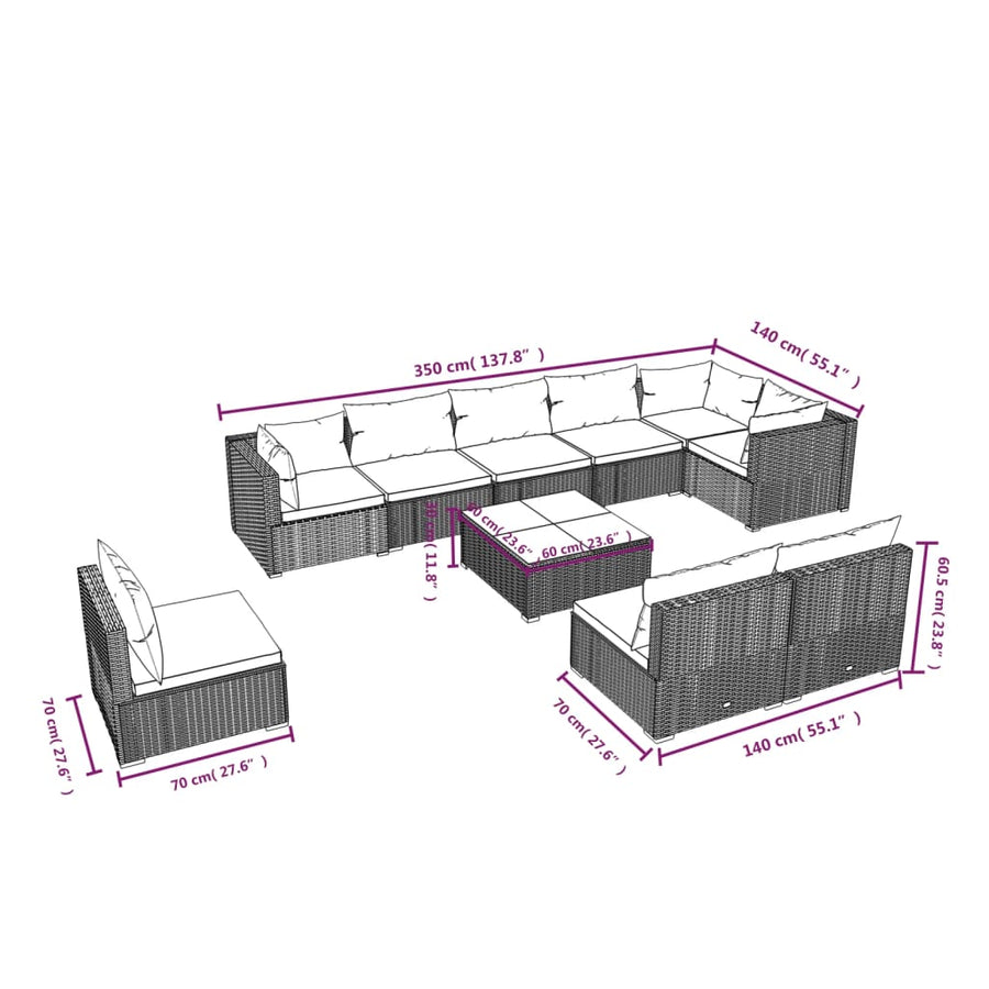 10-delige Loungeset met kussens poly rattan grijs
