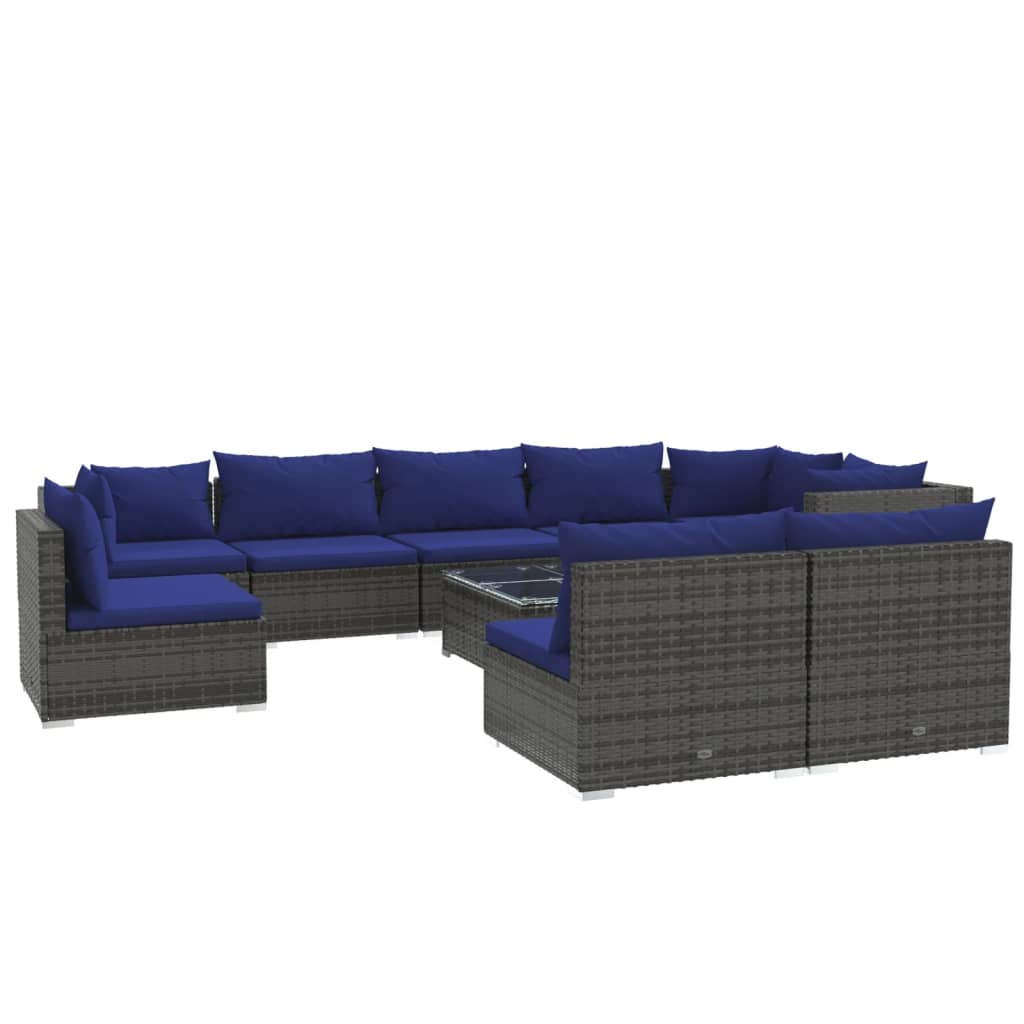 10-delige Loungeset met kussens poly rattan grijs Grijs en donkerblauw