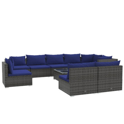 10-delige Loungeset met kussens poly rattan grijs Grijs en donkerblauw