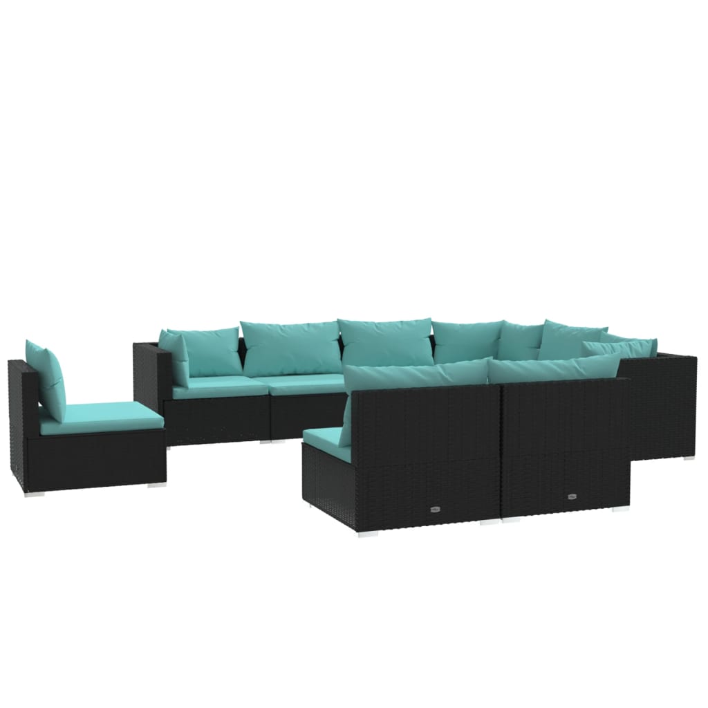 9-delige Loungeset met kussens poly rattan zwart