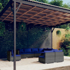 9-Delige Loungeset Met Kussens Poly Rattan Grijs En Donkerblauw 6x midden + 3x hoek