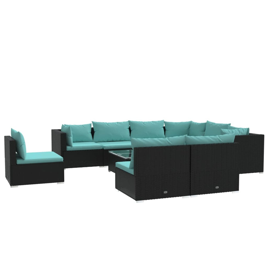 10-delige Loungeset met kussens poly rattan zwart