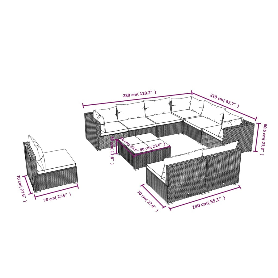 10-delige Loungeset met kussens poly rattan zwart