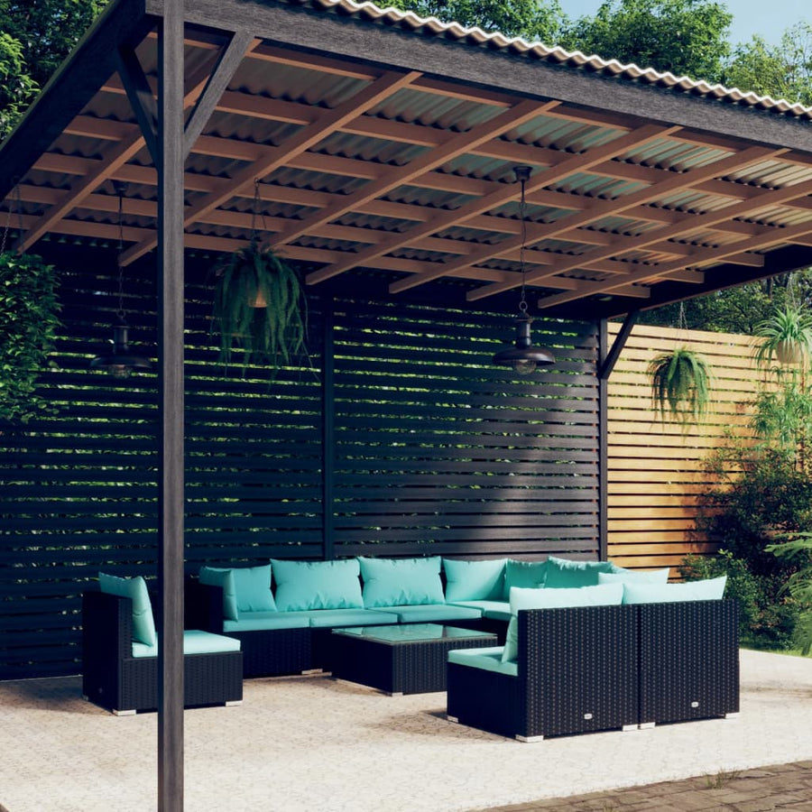 10-delige Loungeset met kussens poly rattan zwart