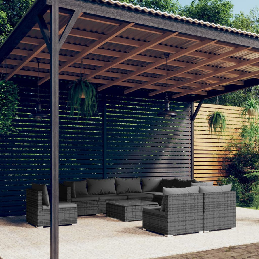 10-delige Loungeset met kussens poly rattan grijs