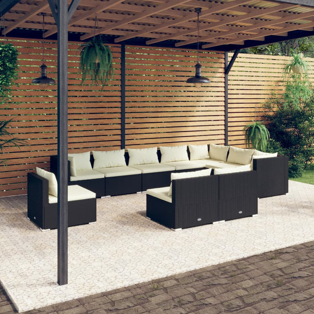 10-delige Loungeset met kussens poly rattan zwart 3x hoek + 7x midden