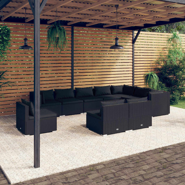 10-delige Loungeset met kussens poly rattan zwart 3x hoek + 7x midden