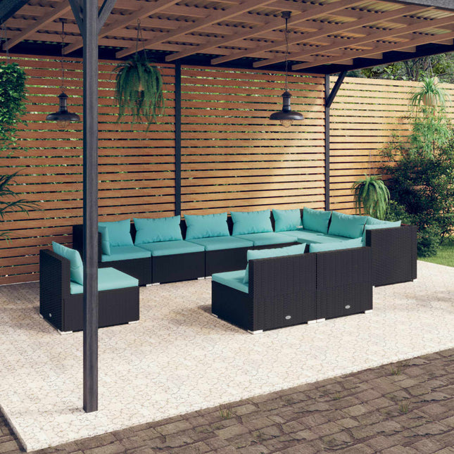 0-Delige Loungeset Met Kussens Poly Rattan Zwart En Blauw 3x hoek + 7x midden