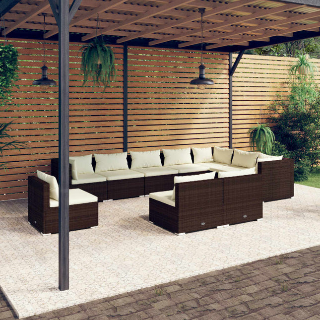 10-delige Loungeset met kussens poly rattan bruin Bruin en crème