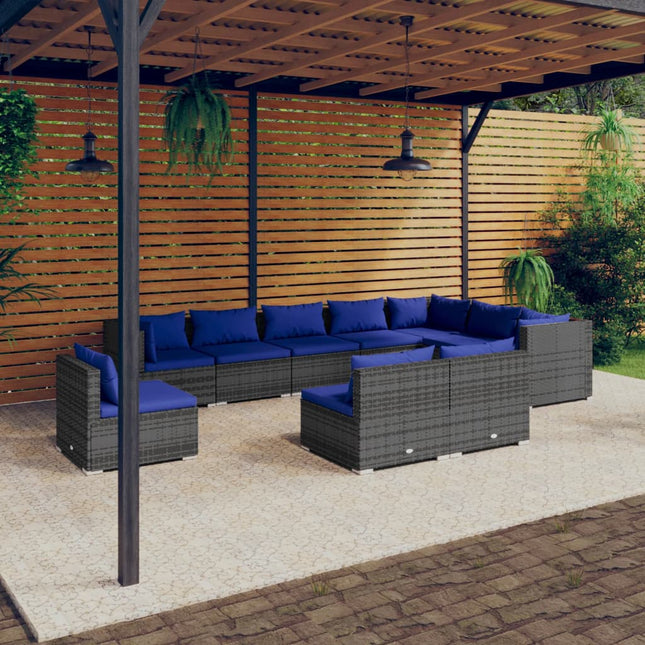 0-Delige Loungeset Met Kussens Poly Rattan Grijs En Donkerblauw 3x hoek + 7x midden