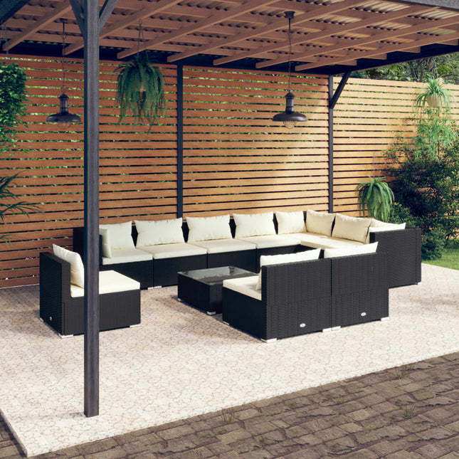 11-Delige Loungeset Met Kussens Poly Rattan Zwart Zwart en crème 3x hoek + 7x midden + Tafel