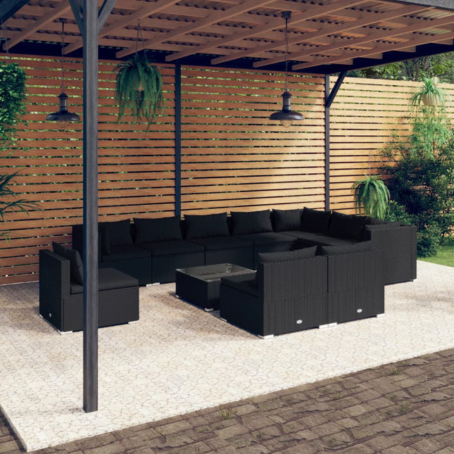 11-delige Loungeset met kussens poly rattan zwart 3x hoek + 7x midden + Tafel