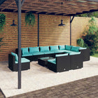 -Delige Loungeset Met Kussens Poly Rattan Zwart En Blauw 3x hoek + 7x midden + Tafel