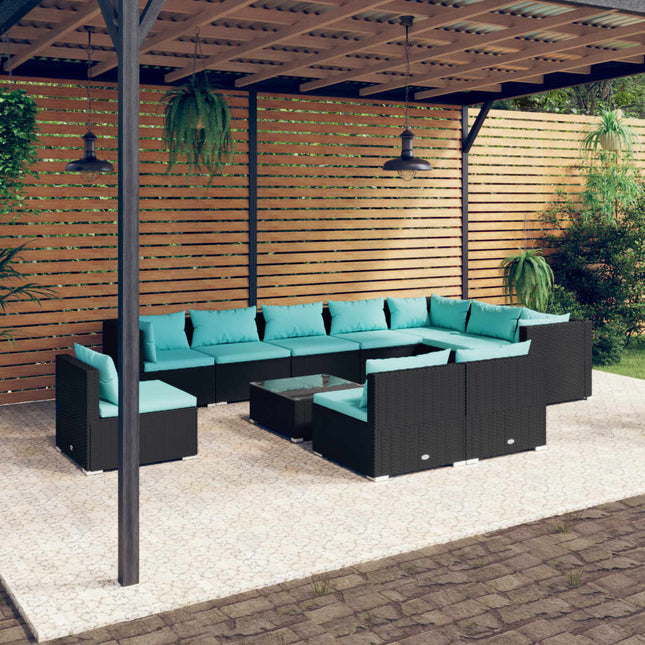 -Delige Loungeset Met Kussens Poly Rattan Zwart En Blauw 3x hoek + 7x midden + Tafel