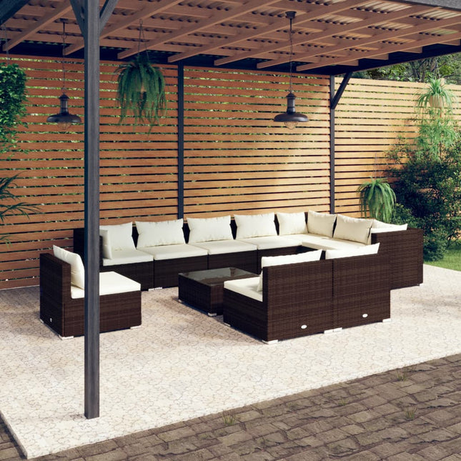 11-delige Loungeset met kussens poly rattan bruin 3x hoek + 7x midden + Tafel