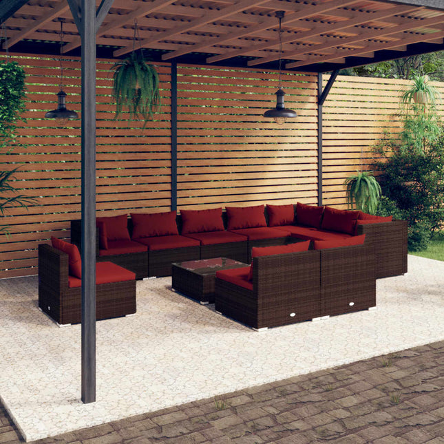 Loungeset met kussens poly rattan 3x hoek + 7x midden + Tafel