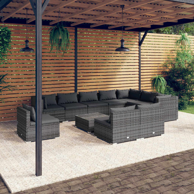 -Delige Loungeset Met Kussens Poly Rattan Grijs En Antraciet 3x hoek + 7x midden + Tafel