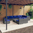 -Delige Loungeset Met Kussens Poly Rattan Grijs En Donkerblauw 3x hoek + 7x midden + Tafel