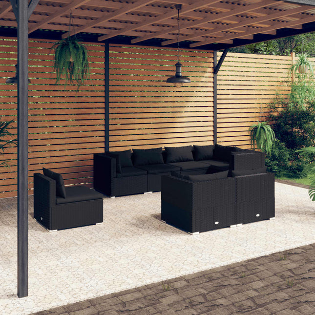 8-delige Loungeset met kussens poly rattan zwart 5x hoek + 3x midden