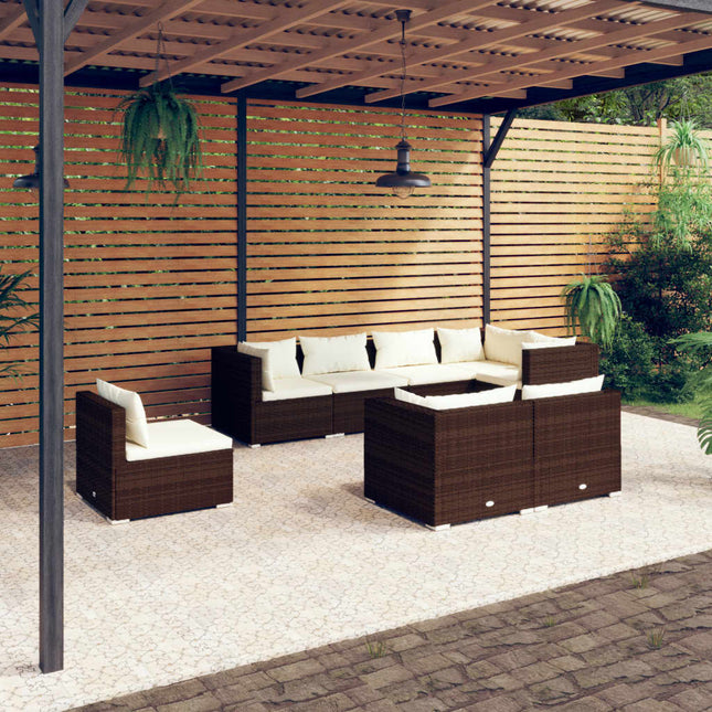 8-delige Loungeset met kussens poly rattan bruin 1 Bruin en crème