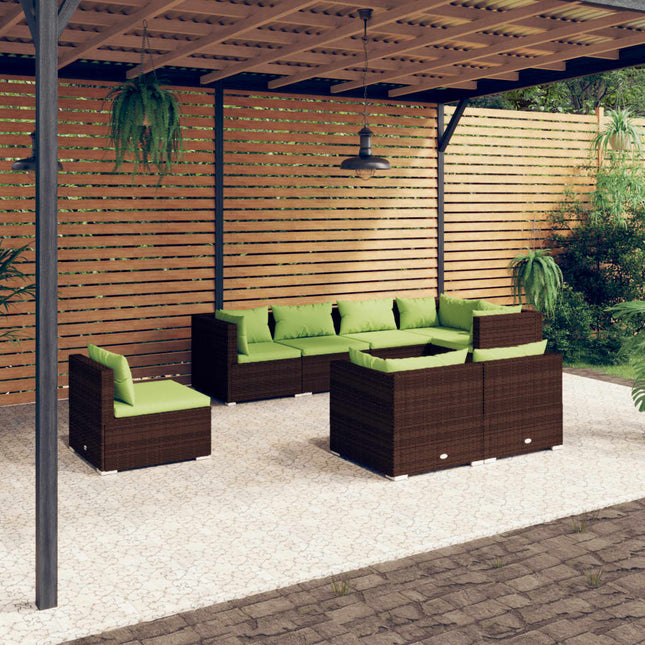 8-Delige Loungeset Met Kussens Poly Rattan Bruin En Groen 5x hoek + 3x midden